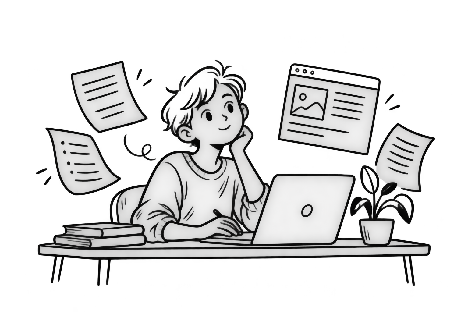 A writer works at a laptop with notes, a browser window, and a plant.
