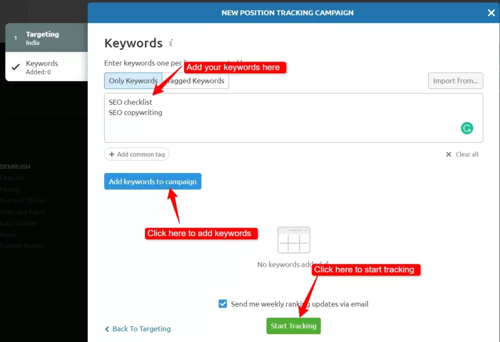 Add keywords in semrush position tracking tool