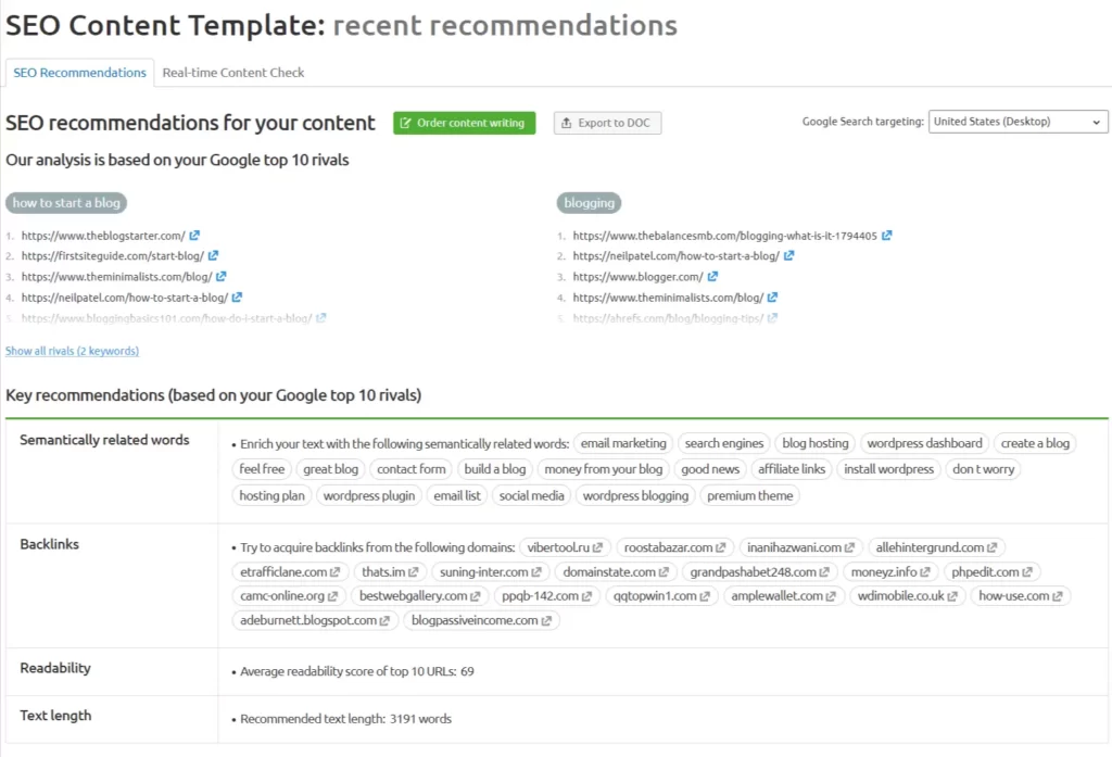 Semrush SEO content template tool dashboard