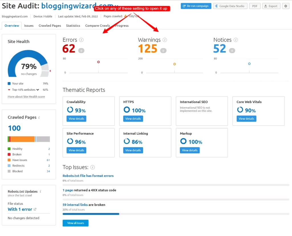 Semrush site audit tool dashboard