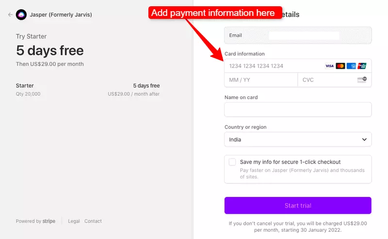Add your credit card details to get Jasper free trial